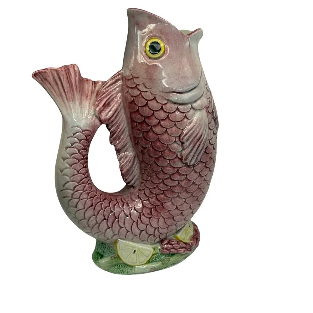 Vintage Fitz & Floyd Pink Fish‎ Pitcher Ceramic Seafood Nautical Large 10